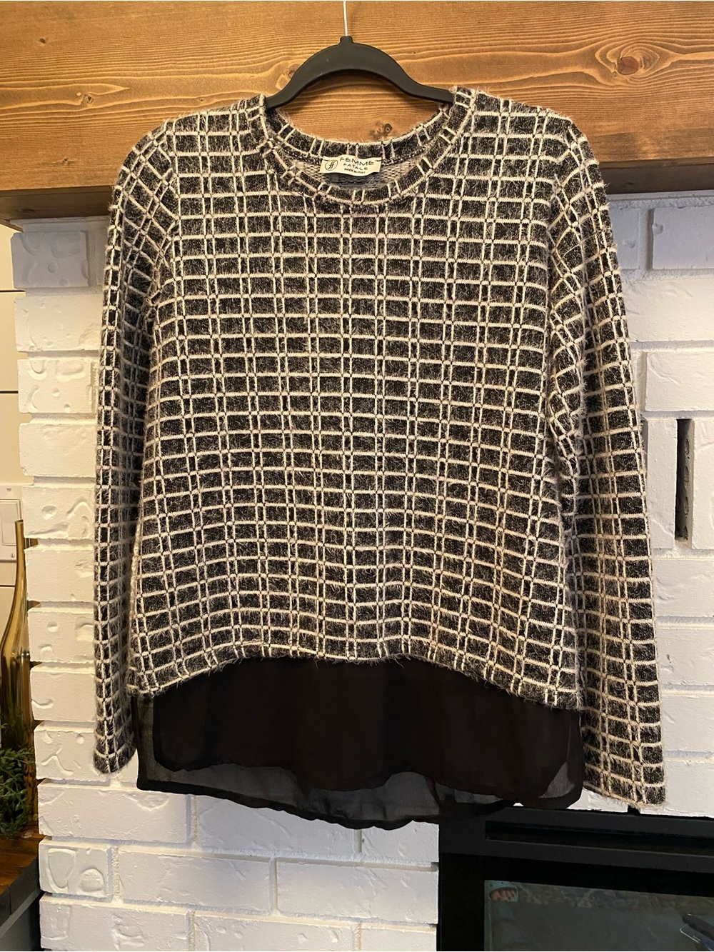 Femme Fatale Black & White Grid Knit Crewneck with Black Chiffon Hem Size Large